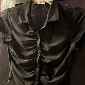 Black Mesh Ruched Button-Up Blouse